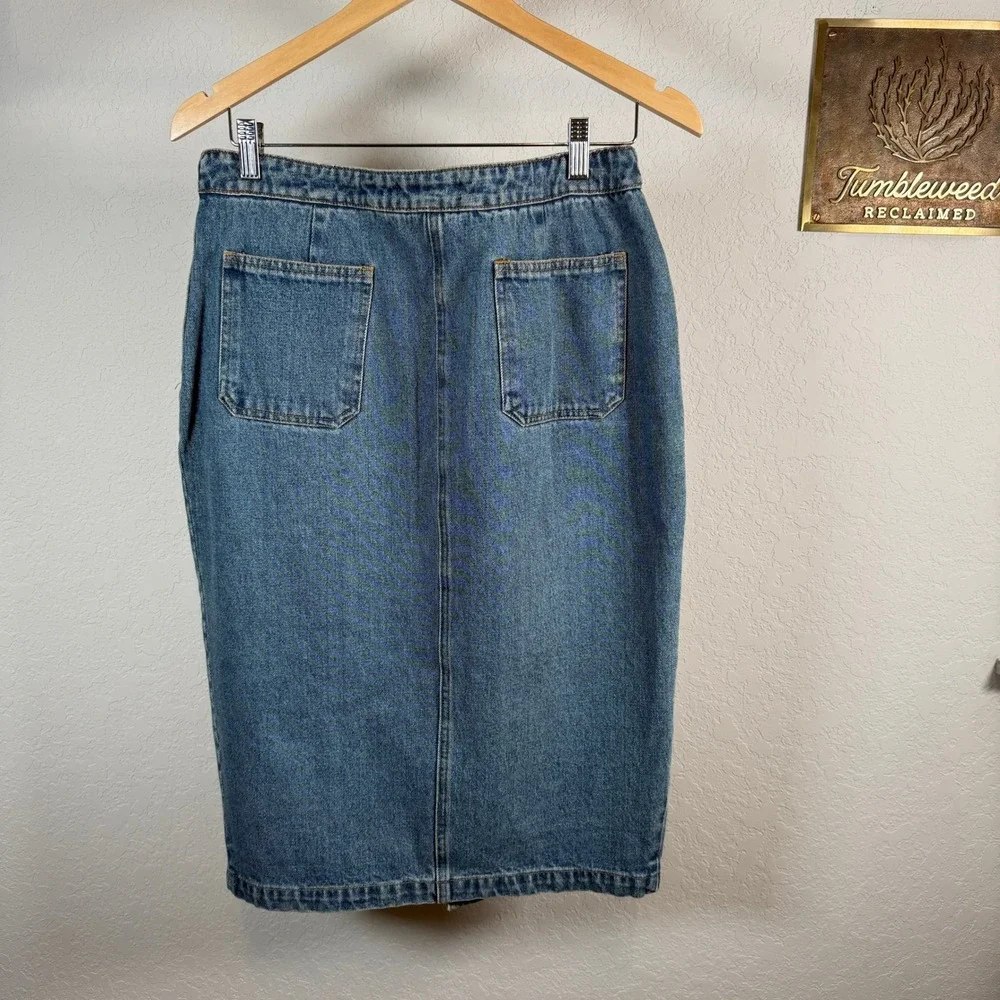 Denim Midi Skirt Embroidered Bird Flowers Blue Jean Pencil Skirt Size‎ L